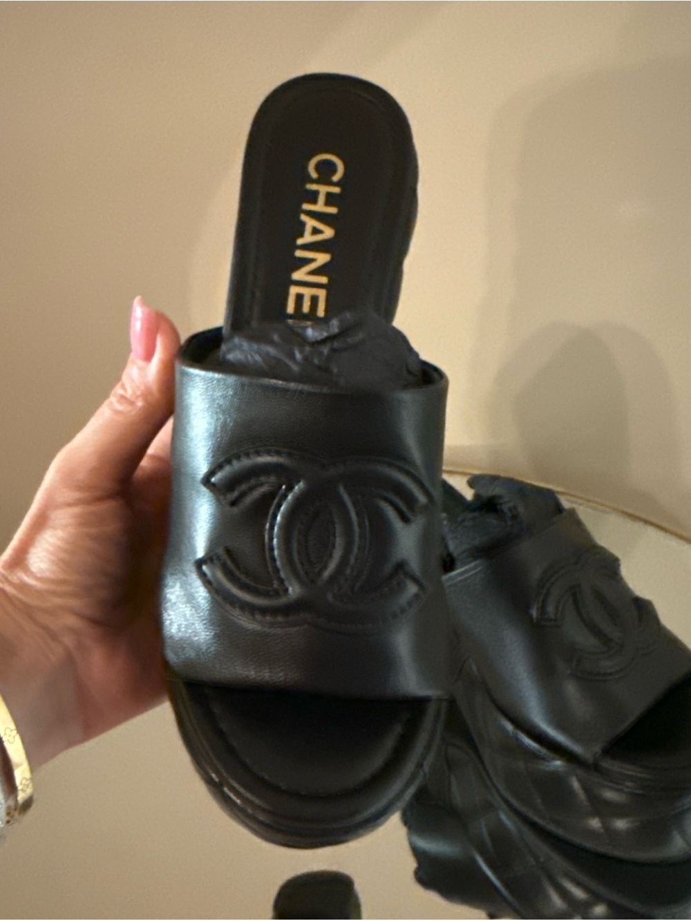 CHANEL Platform CC logo leather wedge Size 37